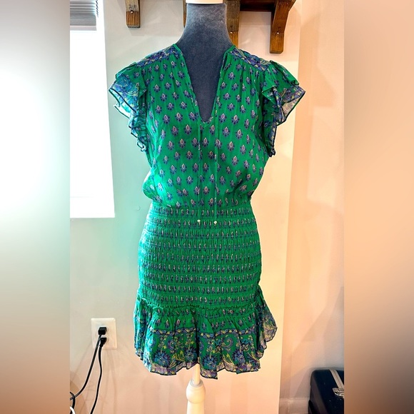 NWT Veronica Beard Brindelle Smocked Cotton Mini Dress in Kelly Green Multi 4 - Picture 5 of 15